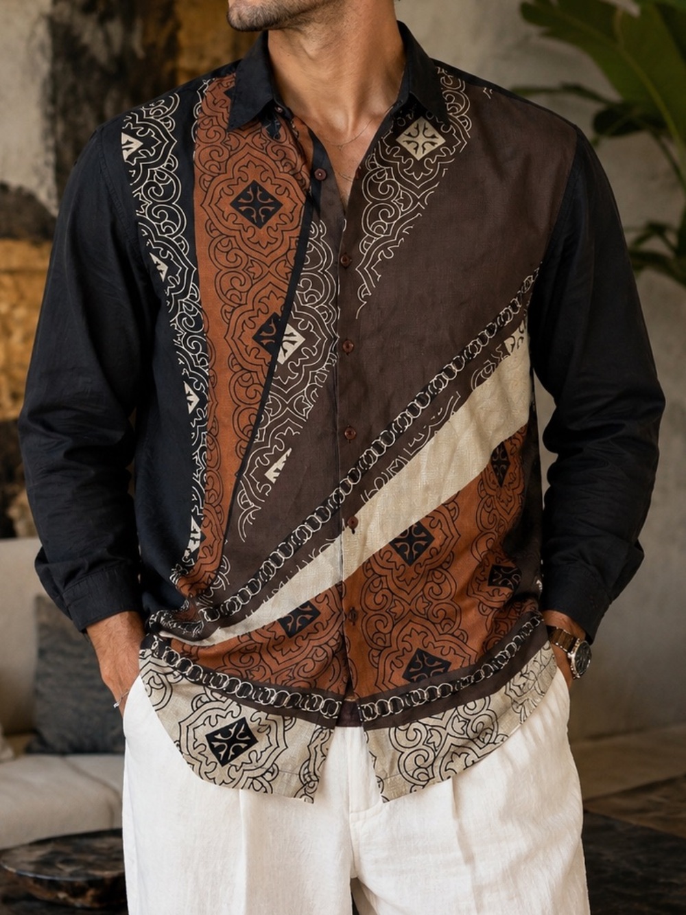 Vintage 100% Silk Button-Up Shirt – Size Large | Bold Abstract Pattern